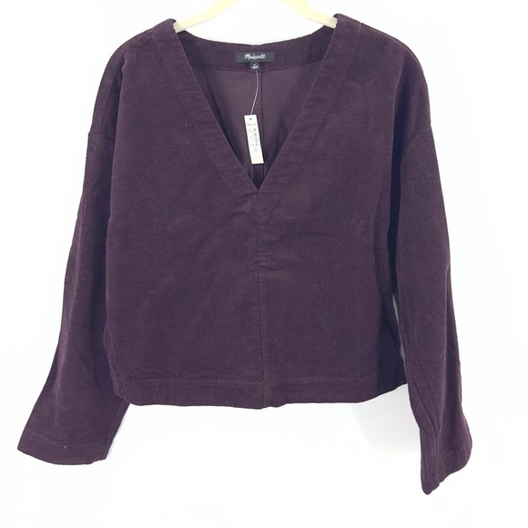 Madewell Waffle Knit Relaxed V-Neck Top Womens Size M Black Iris Plum Casual NWT - Picture 1 of 10